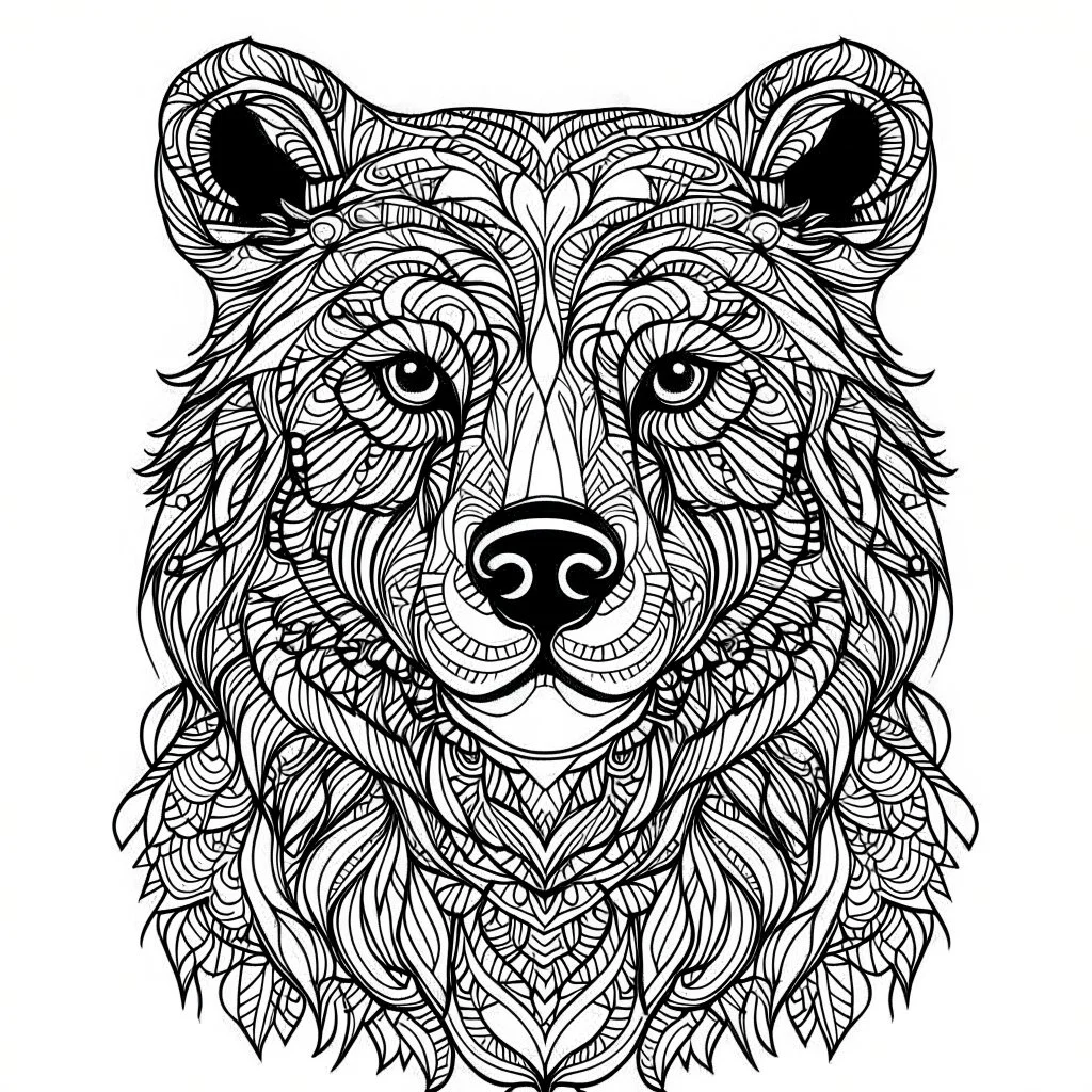 bear, realistic, coloring page, Animal, mandala, coloring book, clean line art, wildlife-inspired, kid style, –no sketch, color, –ar 3:4, white background, minimalistic black lines, 8k, minimal black color, low level black colors, coloring page, use pure black and white colors, avoid thick black colors, thin black line art, avoid colors, perfect shape, perfect clear lines, clear edges, fill total edges, exact perfect edges, not use black colors, dont use black colors