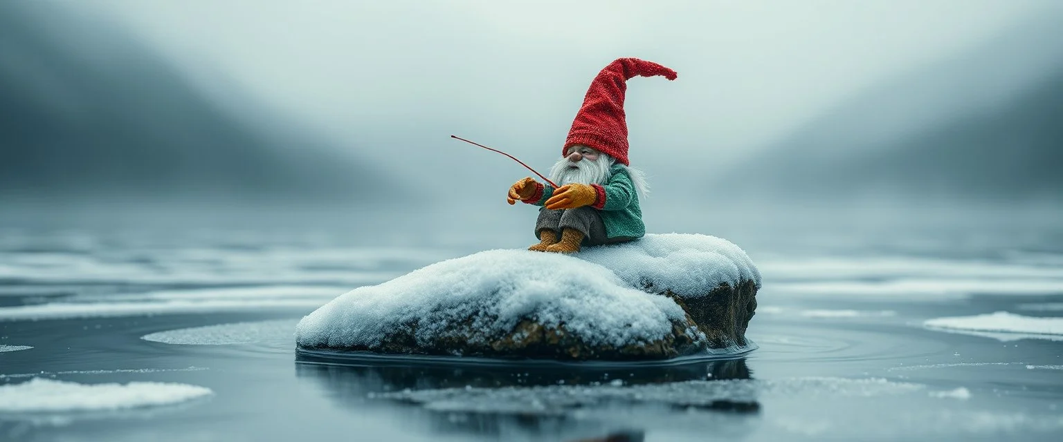 airbrush rendering, close up lobster riding gnome on small frozen island in lake, pinhole cam