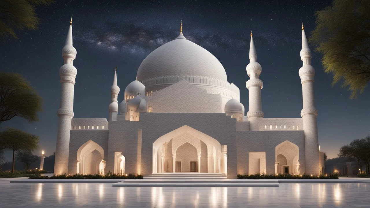 Hyper Realistic Beautiful-Decorated-Huge-Grey-Brick-Mosque with white-marble-flooring & Beautiful-Lighting-Decorations at night with stars on sky & beautiful trees