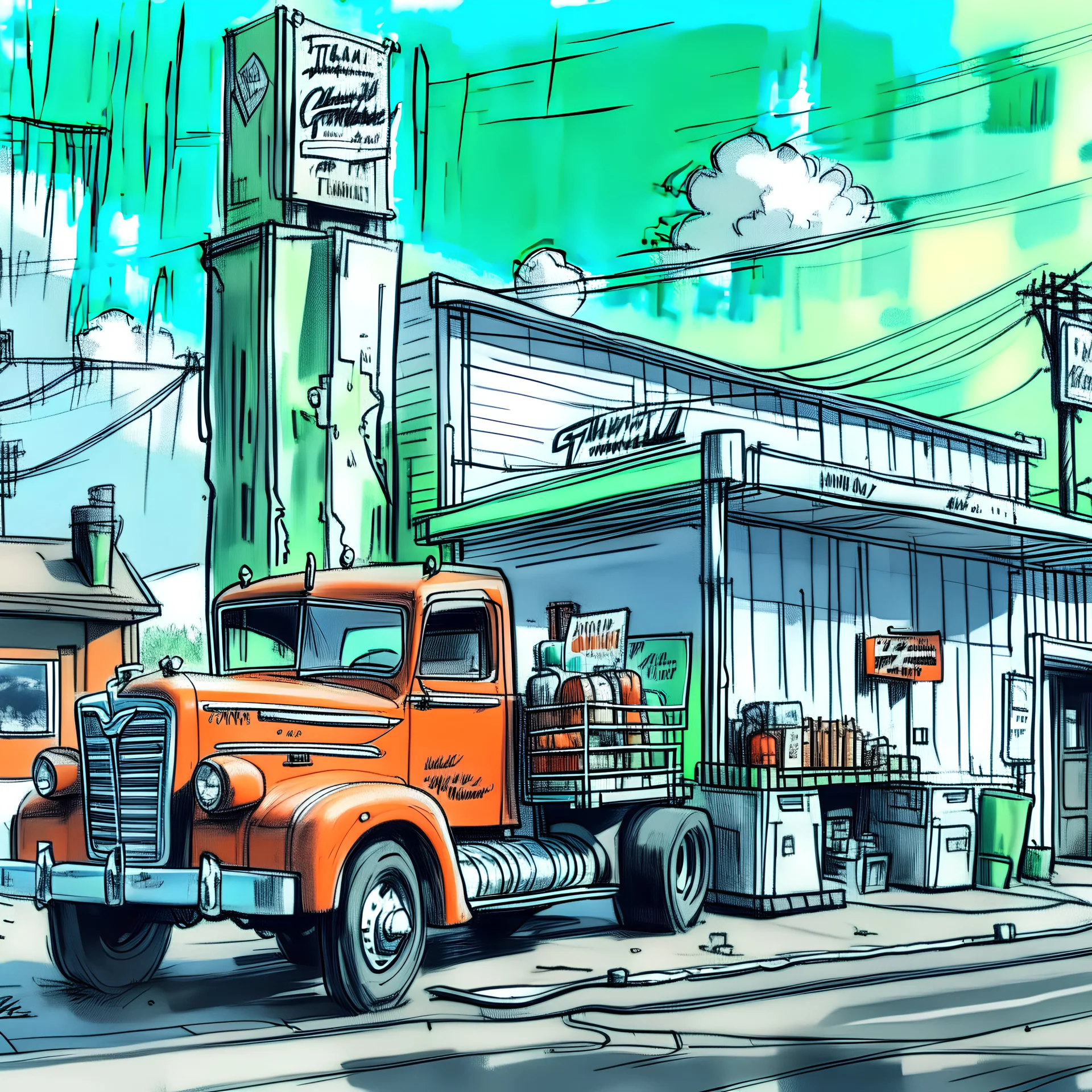 a colored sketch of a vintage TruckStop