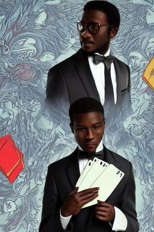 Dashing black man in a suit, holding a deck of cards. There's a young fey dragon with him.