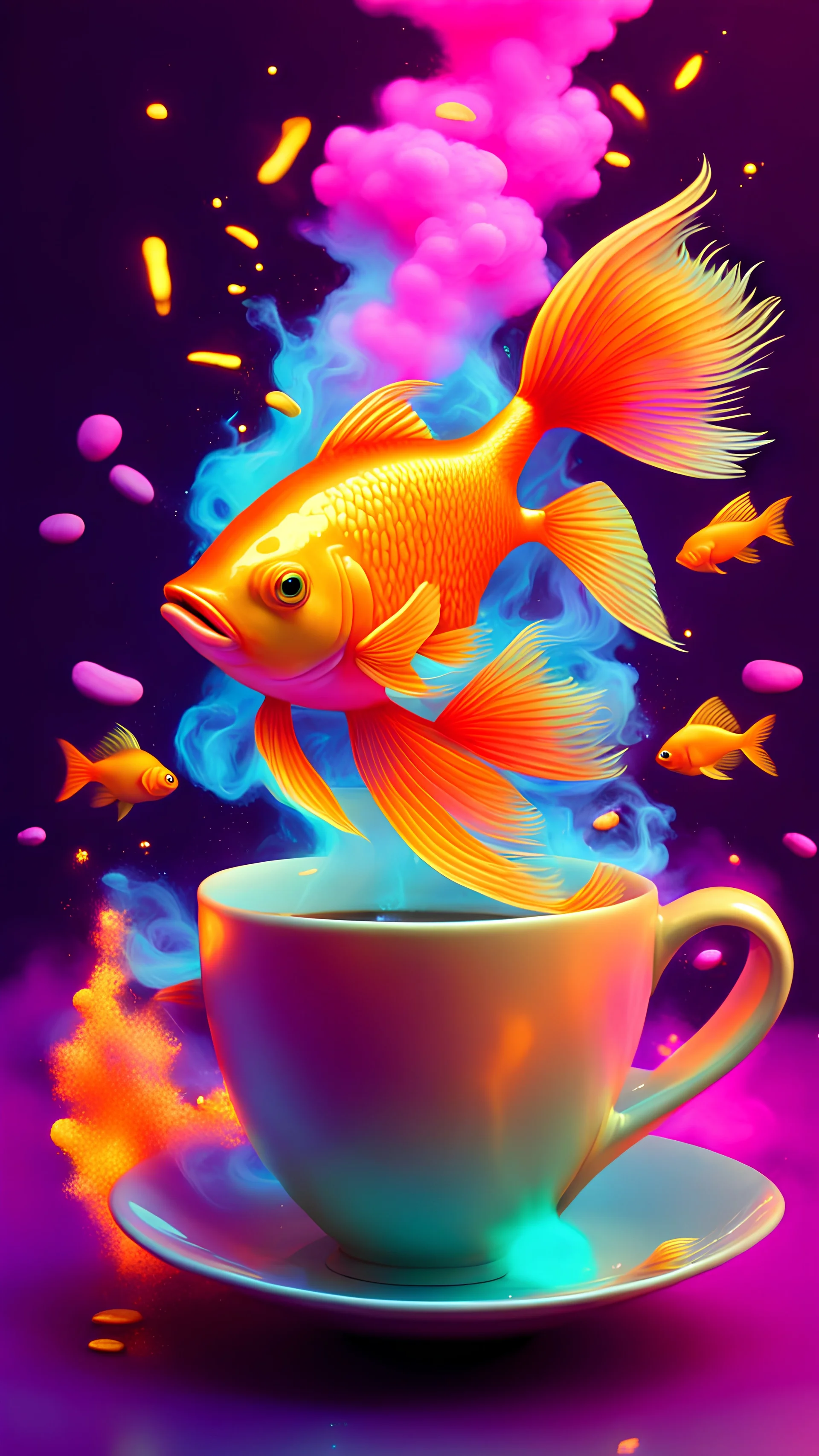 Golden fish sitting in a coffee cup, neon colors, explosions background