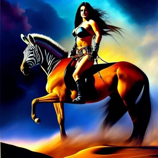 portrait oil on canvas,beautiful busty Female Warrior riding a Zebra, minimal armor,comic book cover, mystical colors,insanely detailed,realistic,intrincate detail,crystal clear eyes,perfectly drawn face, 16k resolution, masterpiece,Simon Bisley,Frank Frazetta,Alex Horley,ARTHUR ADAMS