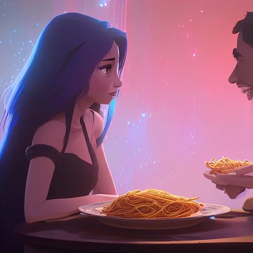 the lady and the tramp eating spaghetti, cinematic, epic glowing galaxy background, deep depth of field, 3D, constellation map, 16k resolution photorealistic, bokeh, a masterpiece by Alberto Seveso, breathtaking intricate details, realistic and lifelike cgi diorama, dramatic natural lighting, reflective catchlights, high quality CGI VFX fine art