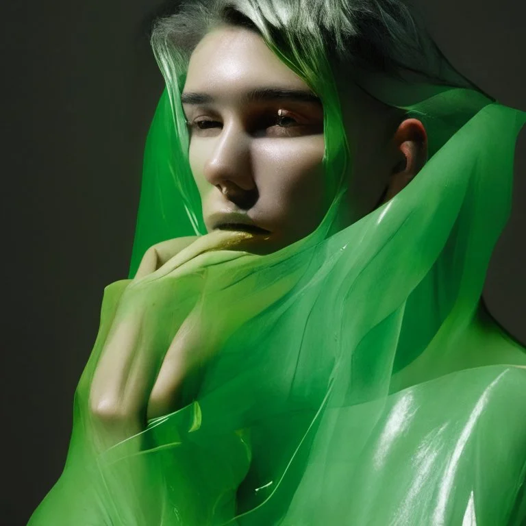 wearing a green translucent cloth