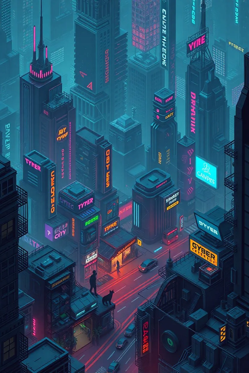 isometric cyberpunk city full of cyber cats that looks high tech but primitive like neanderthals