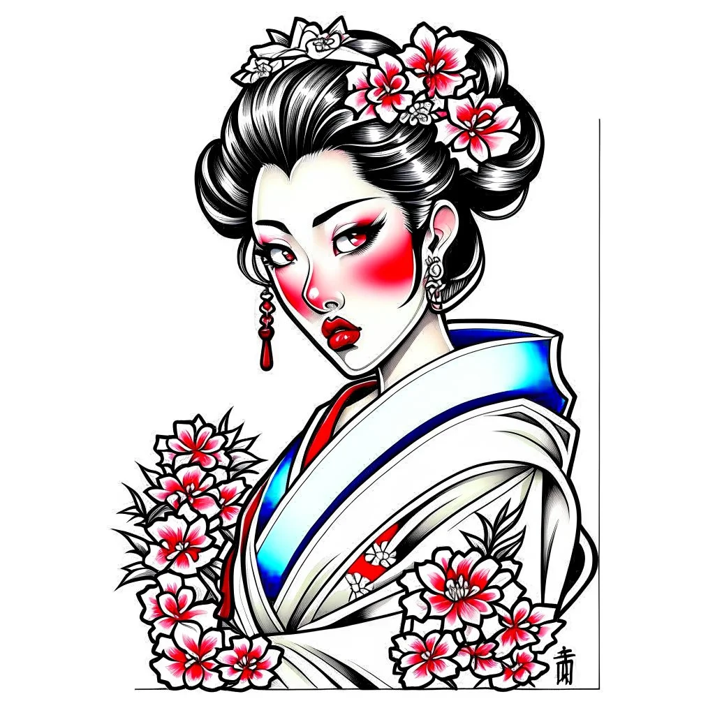 Tatto design Neotraditional style , Geisha with a Cherry Blossom Kimono, white background, tatto style,