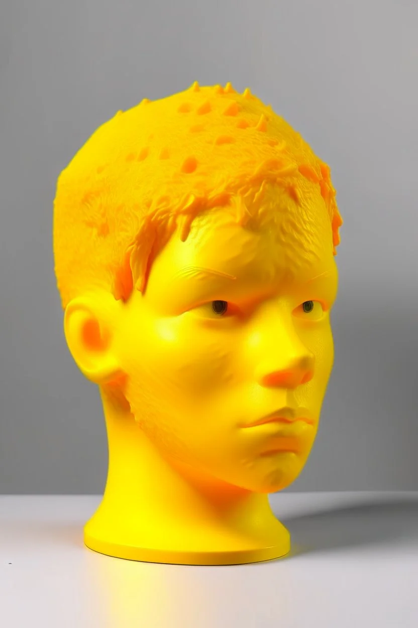 Yellow rubber face with rubber effect in all face with orange sponge rubber effect hair