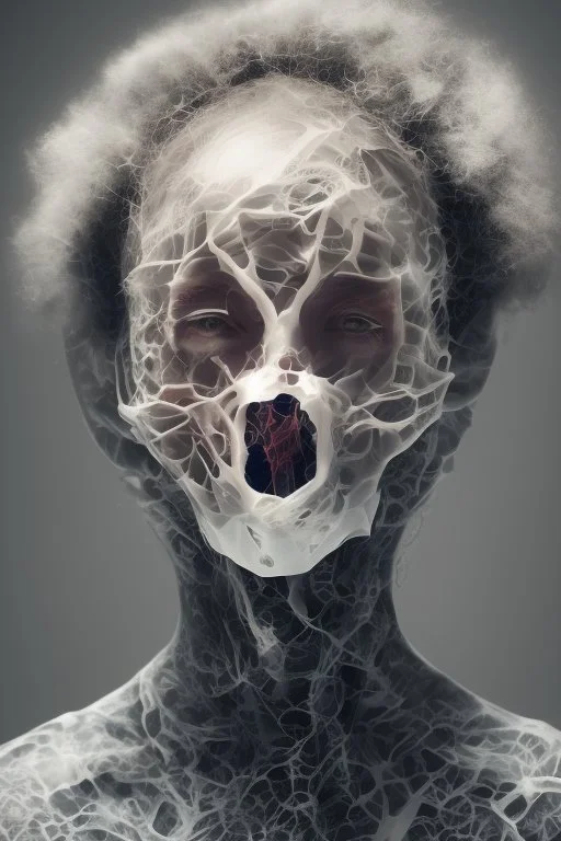 A realistic , 8k high quality image of a person's face from above, face is covered with a plastic, can't breath, suffocating with the face showing like vacuumed under the plastic, eyes open and looking in fear, metaphorically depicting the suffocating grip of anxiety, gothic and dramatic, chaos80 , with debree flying around, abstract