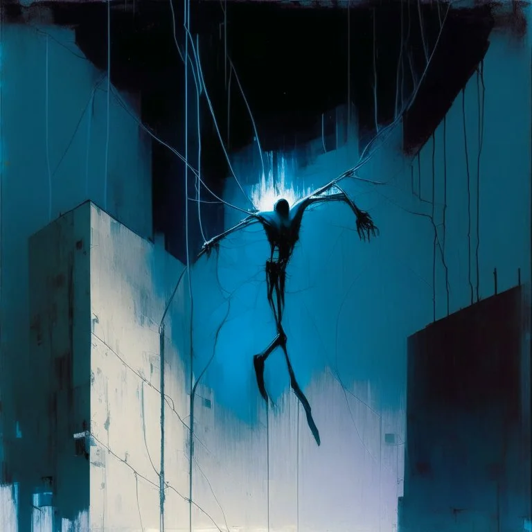 Minimal abstract oil painting of a large falling person limbs sinew. Amongst concrete fragments brutalist architecture and hanging wires illuminated at night. Blue In the style of Justin Mortimer and Phil Hale and Ashley Wood