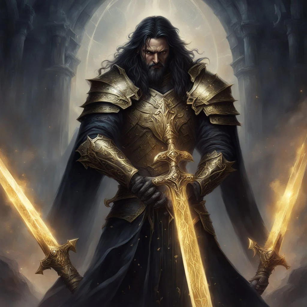 heavy metal album cover art, magical paladin holding glowing golden sword, profound, dramatic, high resolution, sword and sorcery aesthetic, dark fantasy, moody, grand, text "VALDRIN" in heavy metal font