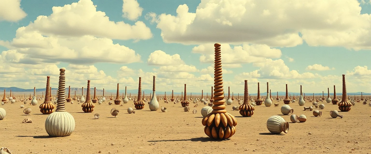 Strange spindle-shaped objects of various shapes, scattered over an arid wasteland, clouds, Max Ernst, Audubon, Amano, Walton Ford, Yves Tanguy, bright colours, polaroid, 8k, 3d, 33mm photography, well defined
