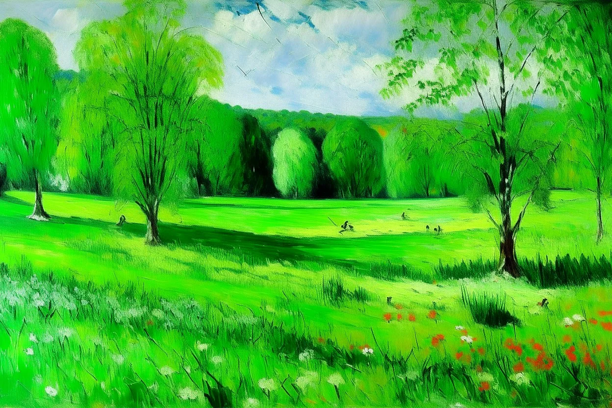 A green field with bio life painted by Claude Monet
