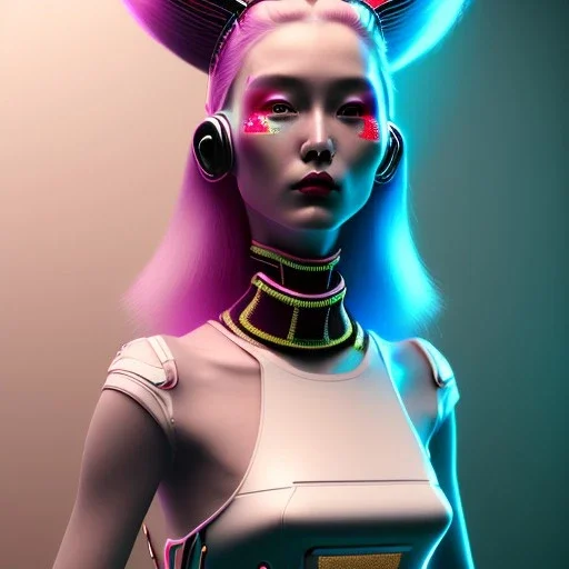 Cyber teenager, fluoride makeup, red hair, rounded face, geisha style hair, white skin, pattern dress, velvet, vibrant color, cyberpunk style, highly detailed, art stations, concept art, smooth, unreal engine 5, god rays, ray tracing, RTX, lumen lighting, ultra detail, volumetric lighting, 3d, finely drawn, high definition, high resolution, gradient background