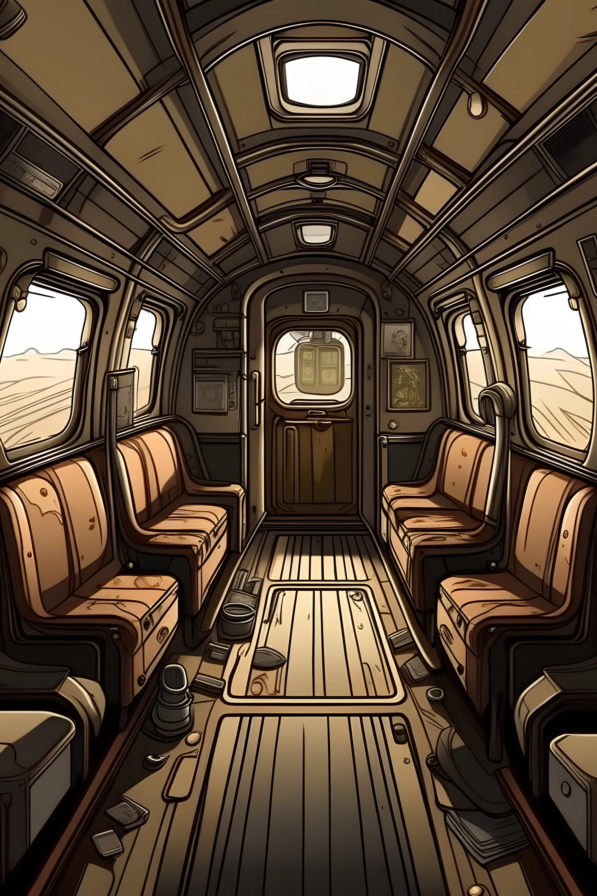 2d image, train car, interior, cartoon style, from left to right, guns gore and cannoli style, front view