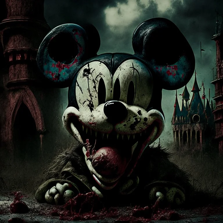 zombie mickey mouse, photorealism, movie screen capture, horror, evil, hungry, rotted