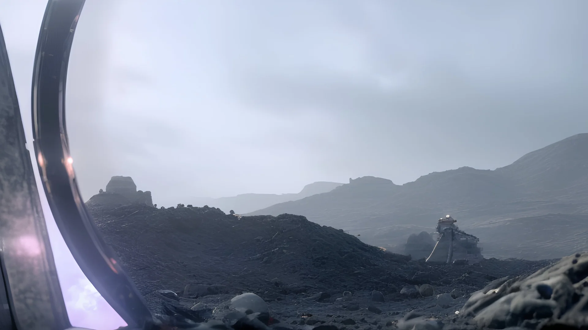 dans une plaine désertique d'une autre planète. Il n'y a pas beaucoup de lumière. Il fait sombre. Au loin les vestiges d'une civilisation futuriste laisse des ruines. Quelques humains habillés avec de vêtements abimés et sales errent sans but dans la pleine. L'ambiance est pesante.