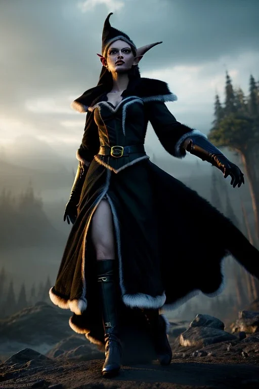Cursed elf priestess with beautiful face, full body, running makeup, yellow eyes, full black sclera, dark mist around her, black fur robes, pale skin, dark smoke, photorealism, octane render, frostbite, 8k, cinematic, 35mm