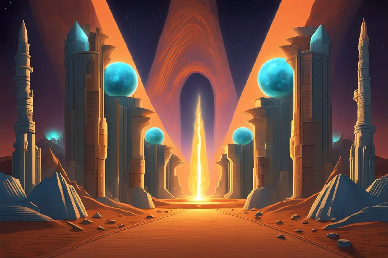 an alley with crystal glass sphinxes on both sides being lit from within on the desert planet Gliese at night, torches, illuminated mesmerising;by architect "Science-Fiction" perspective, vanishing point, symmetrical