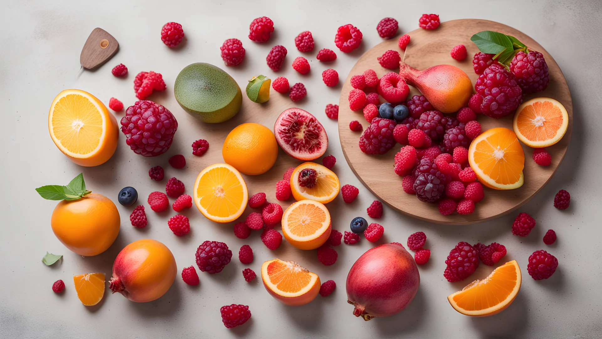 Delicious fruit on round wood chopping board, mango pomegranate raspberries papaya oranges passion fruits berries on off white concrete background, selective focus