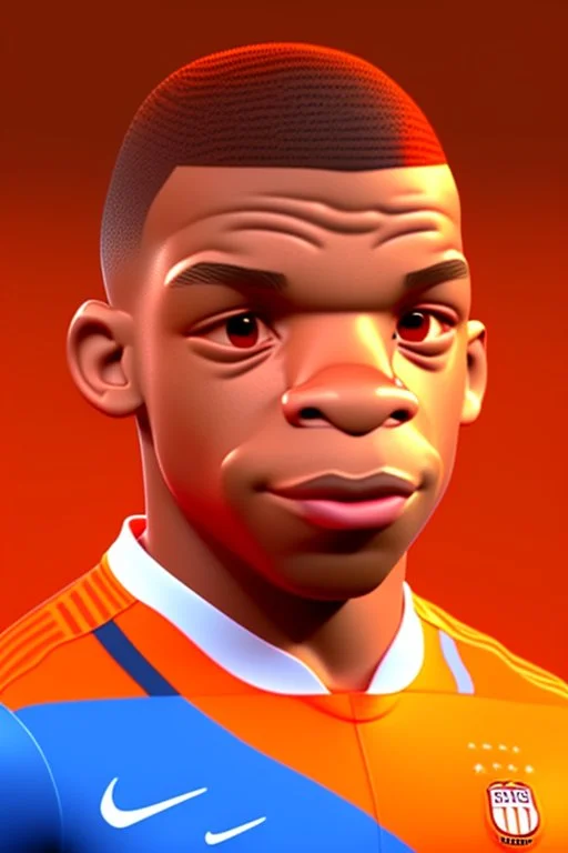 Mbappe look a like in 3D Cartoon World. Colors orange