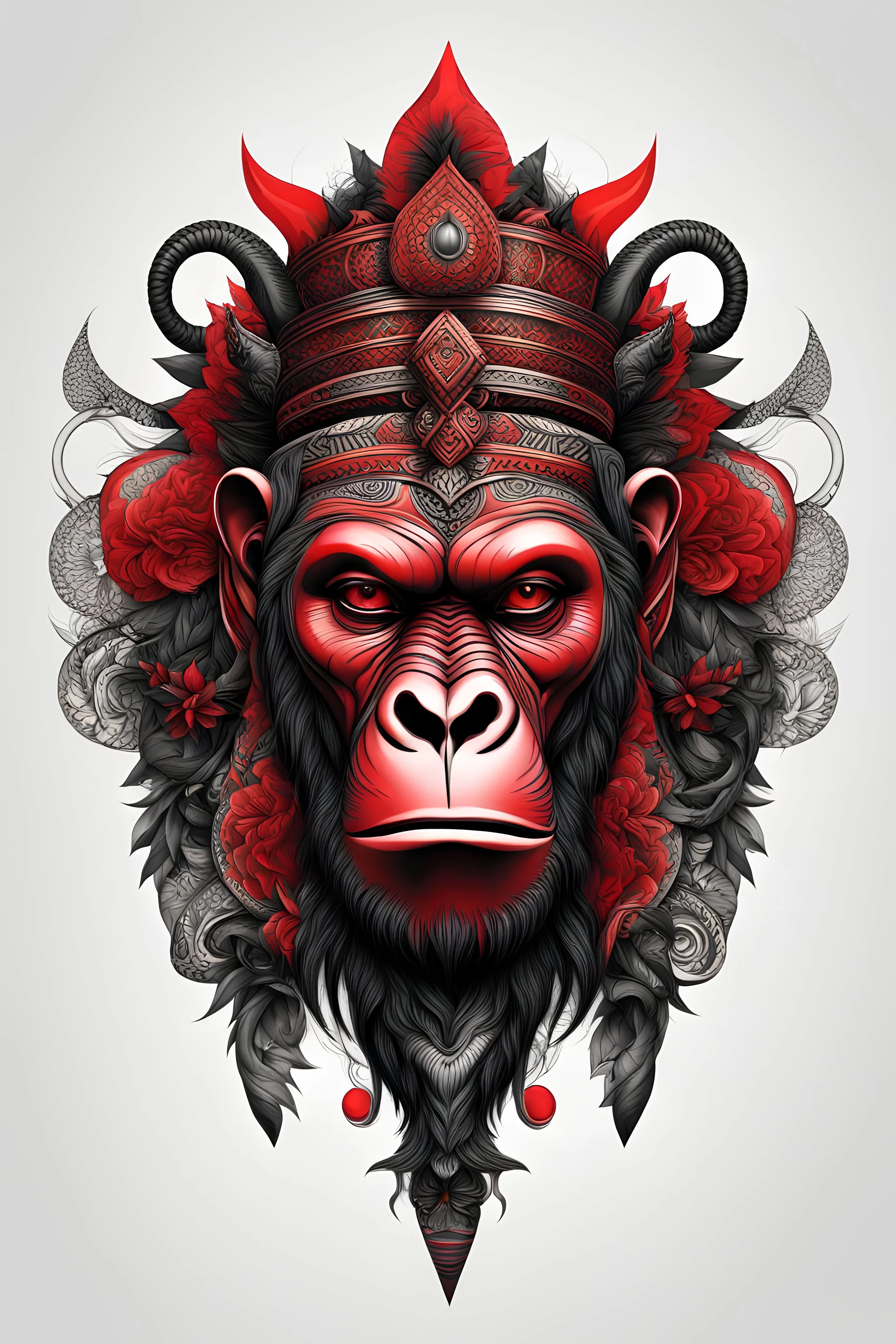 Create a captivating modern 3d black and Red ink tattoo design for print , prestigious Crazy Ape King using the elegant influences of Africa art style, for print, dynamic elements from fashion and design, and bold Africian contemporary art aesthetics, framing centered in the center, distanced from the edges of the paper perimeter, perfect anatomy, bauhaus, white background