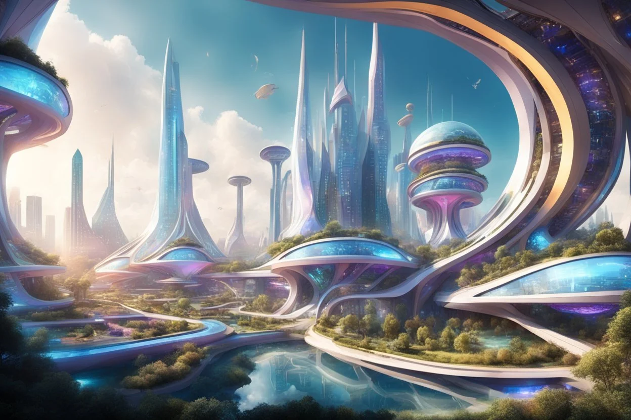 theme park of the city of the future 2050, fairy tale, radiance, abstraction