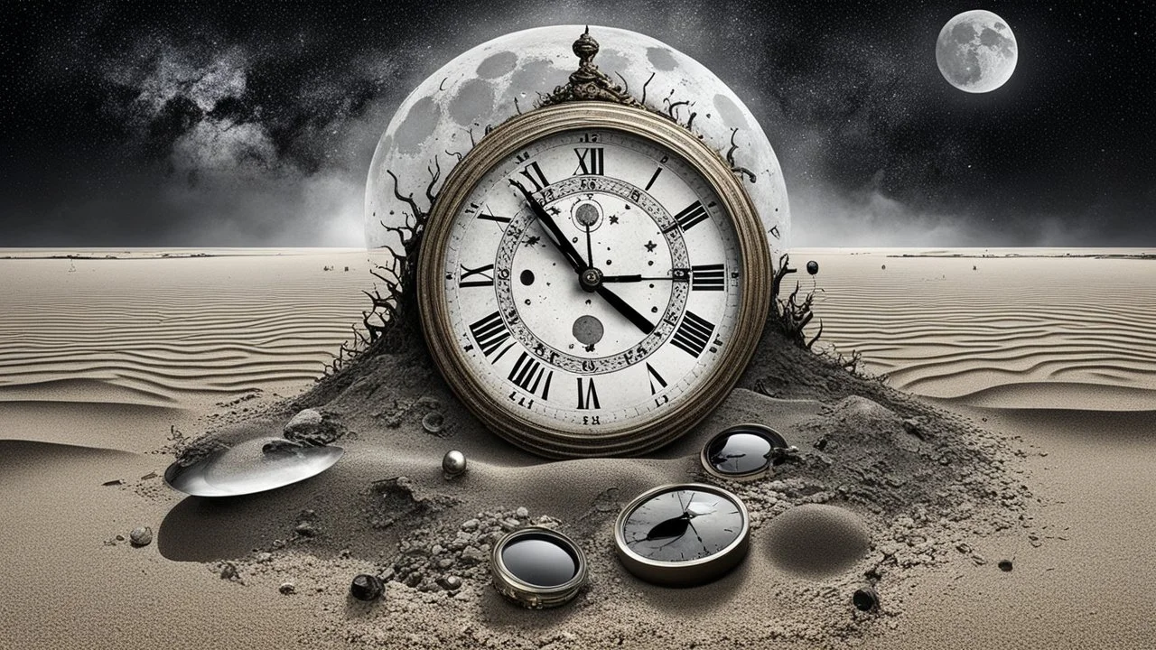 Pale gray summer beach cold, gray, fine mist. An antique clock in the sand shows exactly midnight, black lunar eclipse in the dark sky, endless cosmos with melting stars, cracked and broken sunglasses in the sand reflect the lunar eclipse, midnight, dark, surreal mood, mixed media image, realistic photo with ink, mystical abstract reality