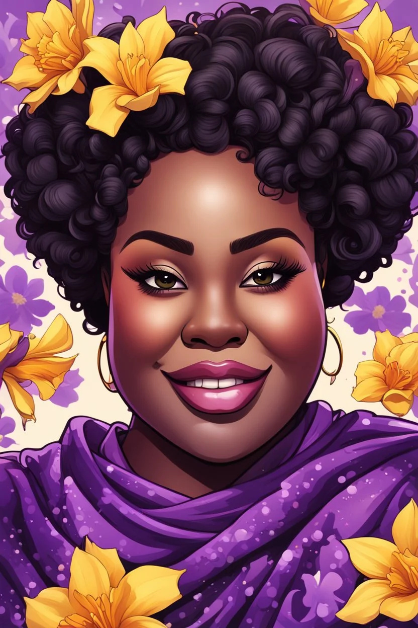 Create a abstract cartoon art style image of a plus size black female looking down with a smile on her face. Prominent makeup with hazel eyes. Highly detailed messy curly bun with a hair scarf tied on her head with large purple daffodil flowers surrounding her. 2k
