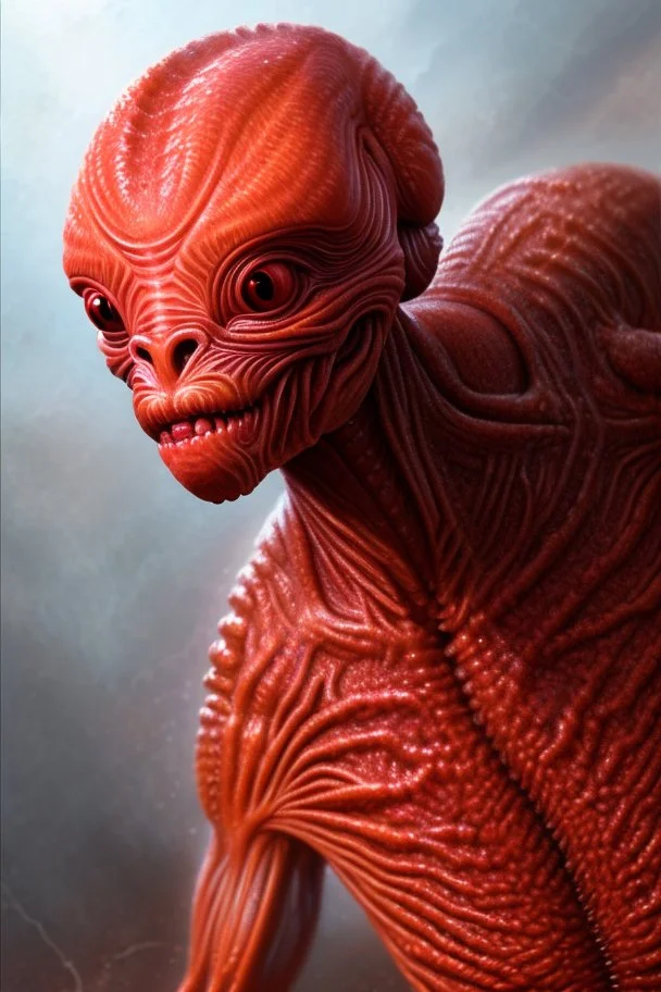 Red flesh creature alien,multiple eyes, high details, high quality