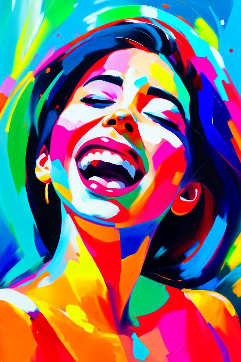 Woman laugh happy in abstract expressionist painting in vivid colors, thick impasto brushstrokes, spontaneous drips and splatters, texture and movement, explore emotions and ideas through non-representational forms --v 5.2