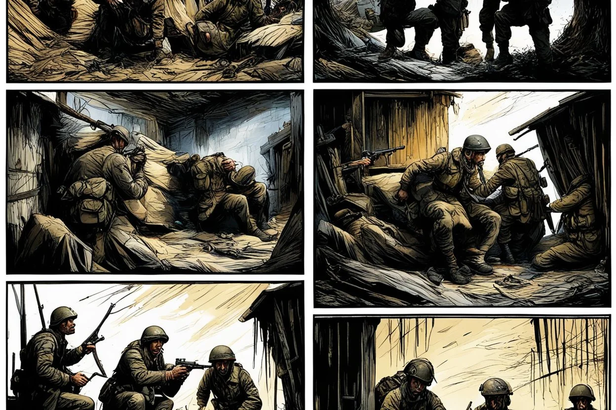 Masterpiece1:5)(Fineart), (award-winning:1.5), highest quality, war journalism editorial ,(by Tim Page, Hoorst Faas:1.5)),(Eastern Ukraine:(panel one:the moment after a battle ends, horrors of war, wounded men),(2nd panel, cinematic shot of men sitting in trench with 1000 yard stare (focus on their eyes:1.5)),(the third panel shows troops tired but hyper alert), (the fourth panel shows the sky is filled with incessant, fire and smoke everywhere,)