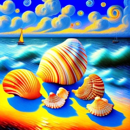 Dibujo al oleo de Conchas pintadas con nubes de colores en la orilla de la playa, con nubes de colores, barcas,cangrejos, con estilo de Van Gogh 4k