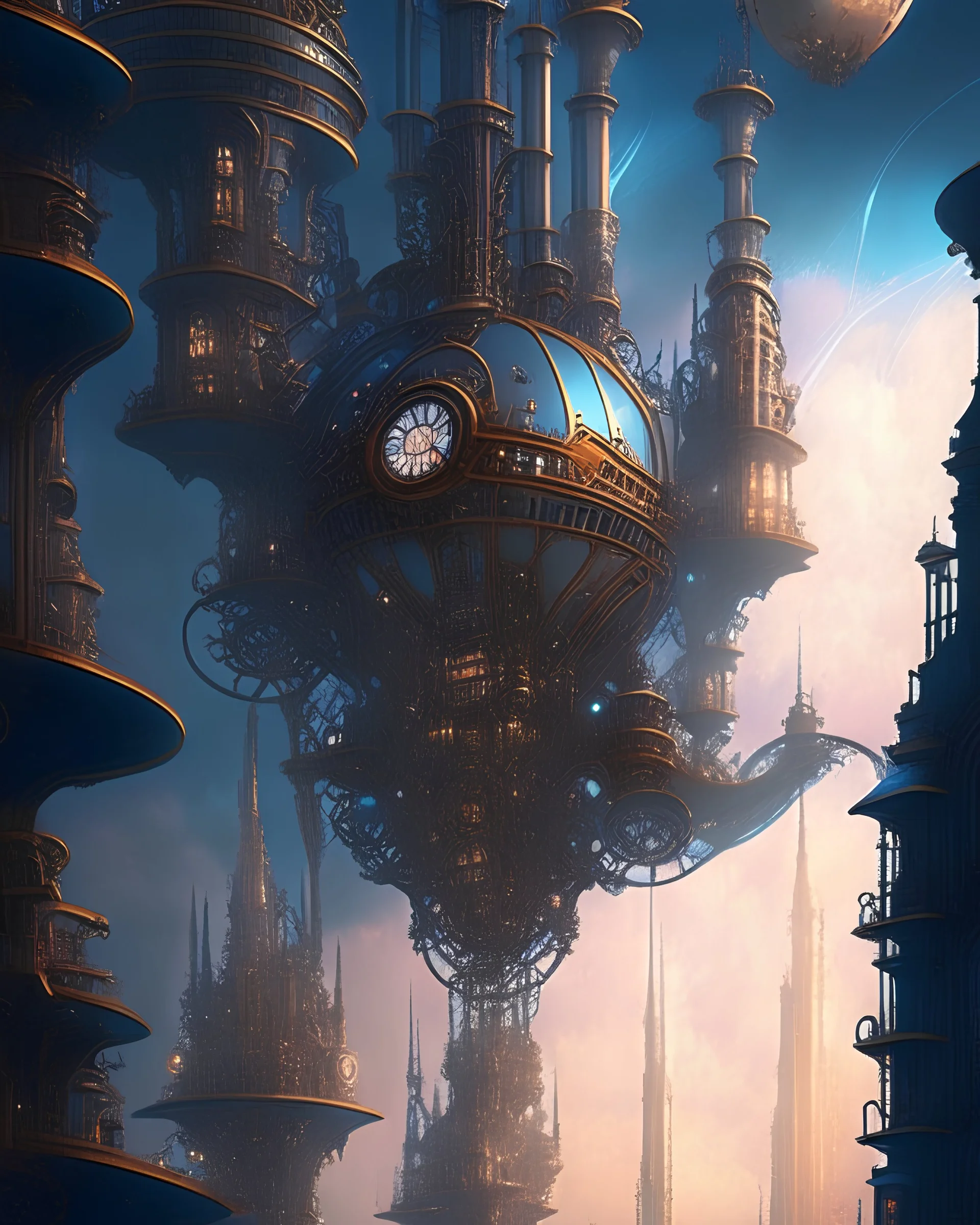 A fantastical steampunk city suspended in the sky, powered by intricate clockwork mechanisms and steam engines, in the style of Gothic architecture fused with futurism, dramatic lighting, fine details, and atmospheric perspective, 12K resolution, inspired by the works of François Schuiten and Mike Mignola, celebrating the potential of human ingenuity.