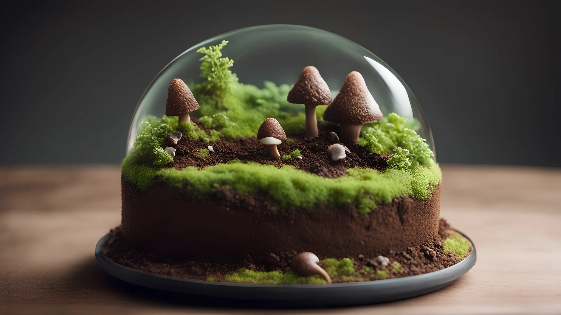 A dessert designed to look like a miniature terrarium, complete with edible soil made of chocolate crumble, tiny marzipan mushrooms, and a glass-like sugar dome. Inside, there's a lush green mousse representing moss. Ultra Realism, beautiful intricate insanely detailed octane render, 5d, 16k, artistic photography, perfect light, chiaroscuro, award-winning photograph, masterpiece, rule of thirds, 35mm lens, adjust perspective