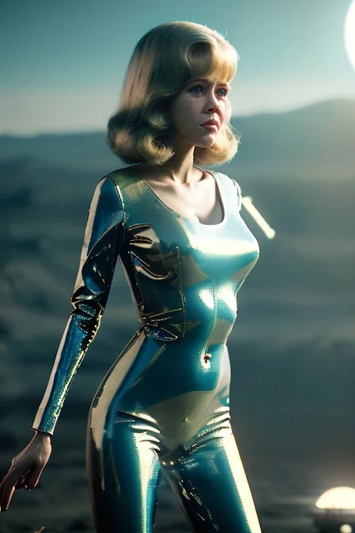 Ultra Realistic retro sci-fi portrait image from 1960, New York, spaceship, sweet young Jane Fonda, tight latex suit, weapon, fighting stance, soft color, highly detailed, unreal engine 5, ray tracing, RTX, lumen lighting, ultra detail, volumetric lighting, 3d, finely drawn, high definition, high resolution.