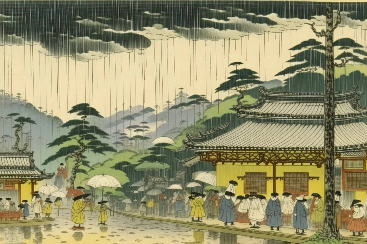 A pale ivory yellow district with a voodoo house in a thunderstorm painted by Utagawa Hiroshige