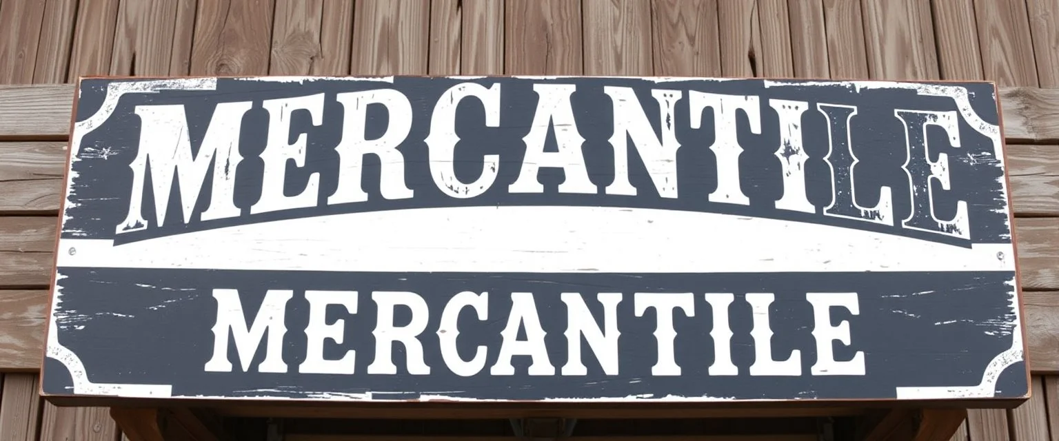fill composition with large and wide hand painted old western sign that reads: "MERCANTILE" white on black with inset white stripe boarder aged paint on wood sanserif