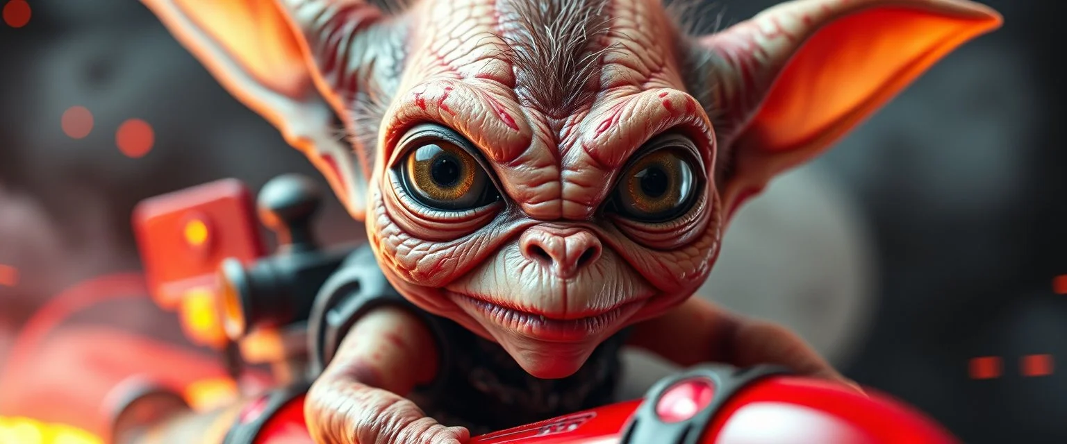 close up portrait with fine pores and real skin texture, clear transparent shiny eyes, hairy macho disco gremlin alien pimp Homunculus – living in a hi tech marvellous hot dog art graphics and gems on rocket with a mounted sling shot mega harpoon, heading for venus , background motion blur and smoke swirls