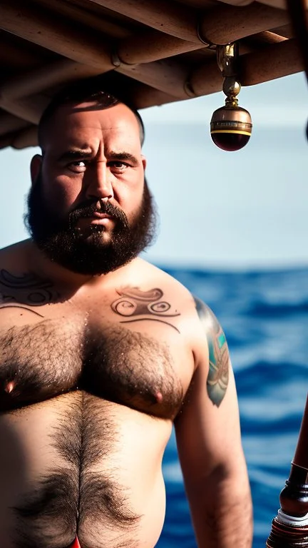 photography of a burly marocan fisherman sunbathing on a fisher wooden boat, in little french briefs, tattoo, manly chest, ugly, 34 years old, bullneck, white long beard, dreadlocks, muscular chubby, angry eyes, photorealistic, Canon EOS, 8k