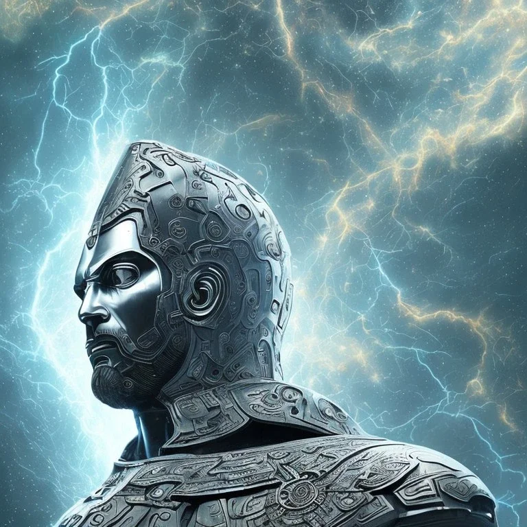 in center is a highly detailed head of a greek colossus surrounded by quantum galaxy codes seeking knowledge, detailed face, dominating colors = gray light blue, lightning,