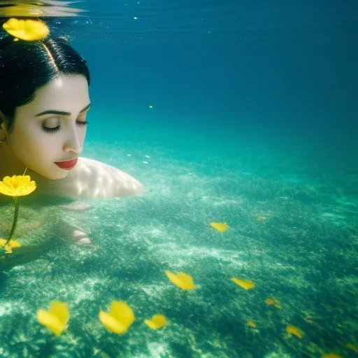 Lale Mansur underwater with yellow flowers for hair, closed eyes, rtx, reflection, 8k, glow, winning photography, caustics