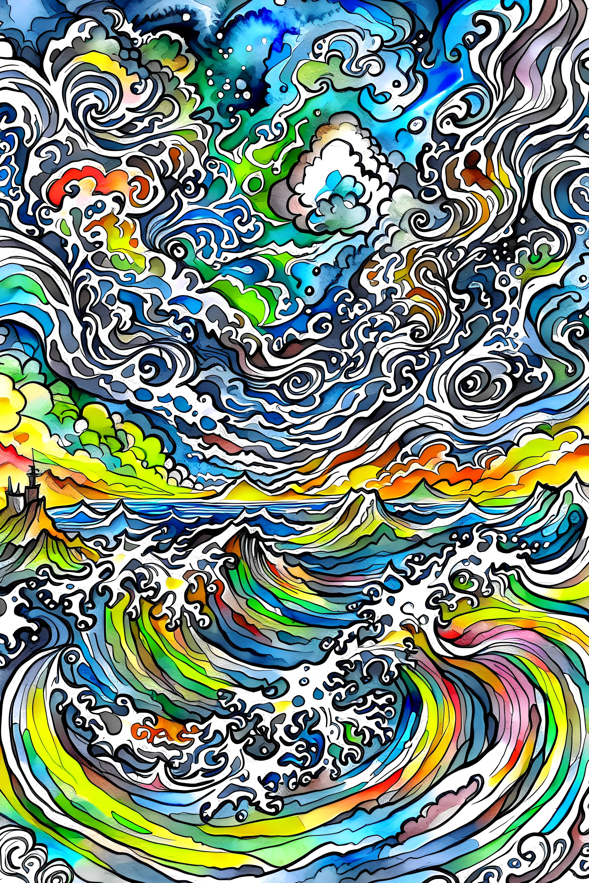 imagen de un paisaje que tiene magia,stormy sea, lineart, watercolour