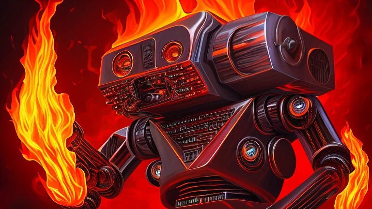 Portrait of a hard rock robot fan surrounded by flames reminiscent of hell.