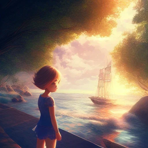 Little girl day, sunny, relaxing, sea, trees, real details anime style, realistic, glowing beach