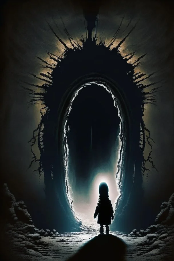 innocent child in dark earthly hellscape, portal opening resembling the Virgin Mary silhouette, terrifying unfamiliar ominous surroundings, dark scary figures looming