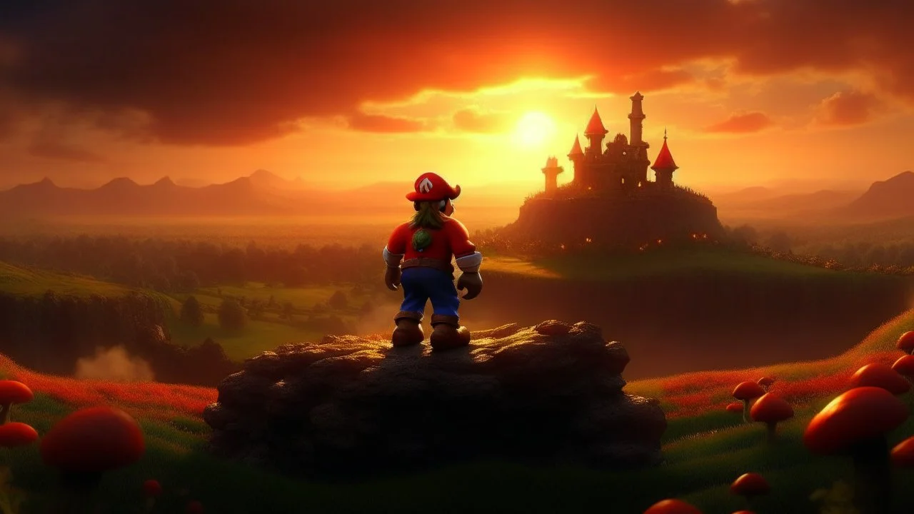 High quality medium shot of Mario on a hill overlooking a field, fantasy, epic, fire, ruins, dragon, demons, buff, backshot, fog, sunset