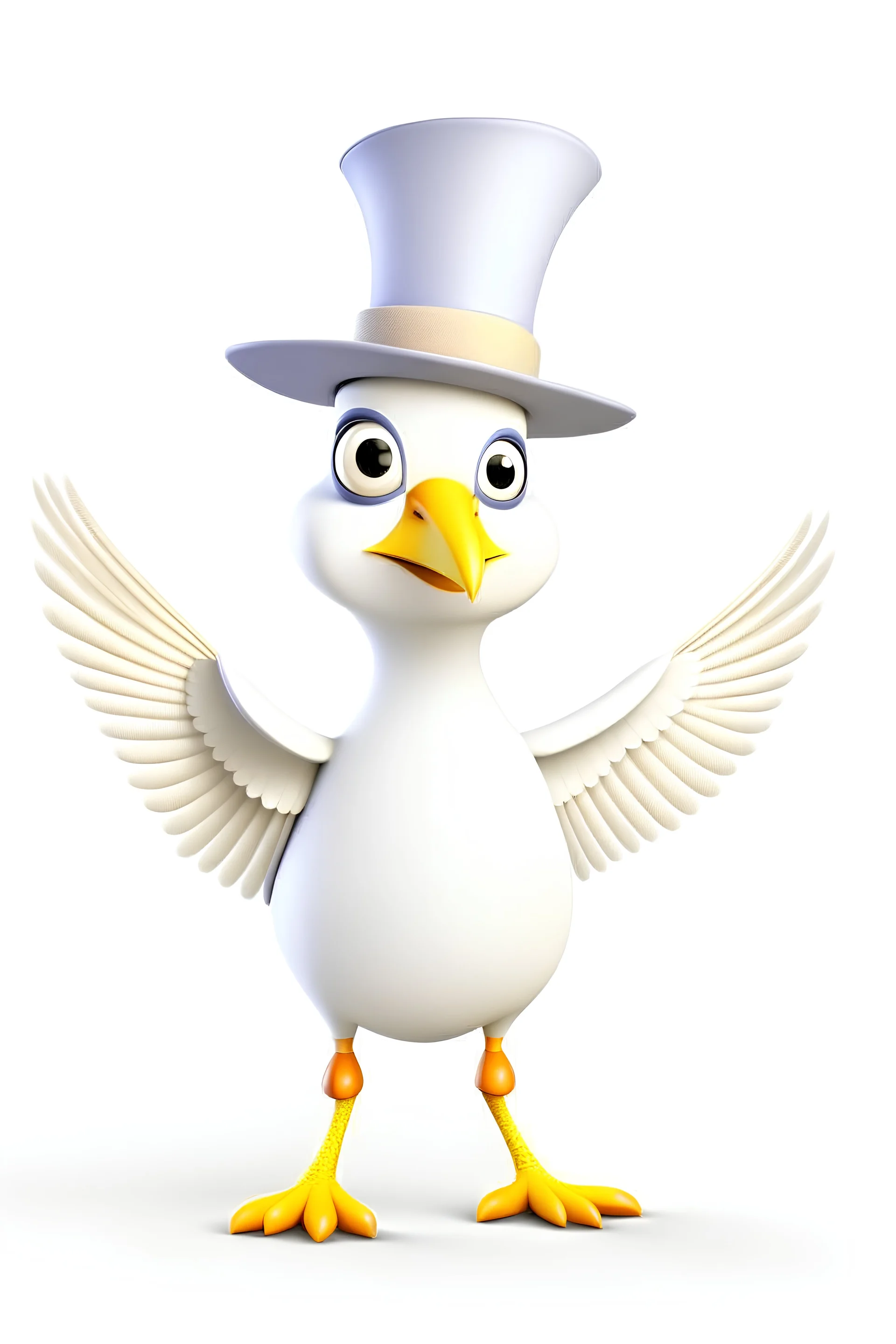 Animated bird standing wearing a white two-tone winged hat