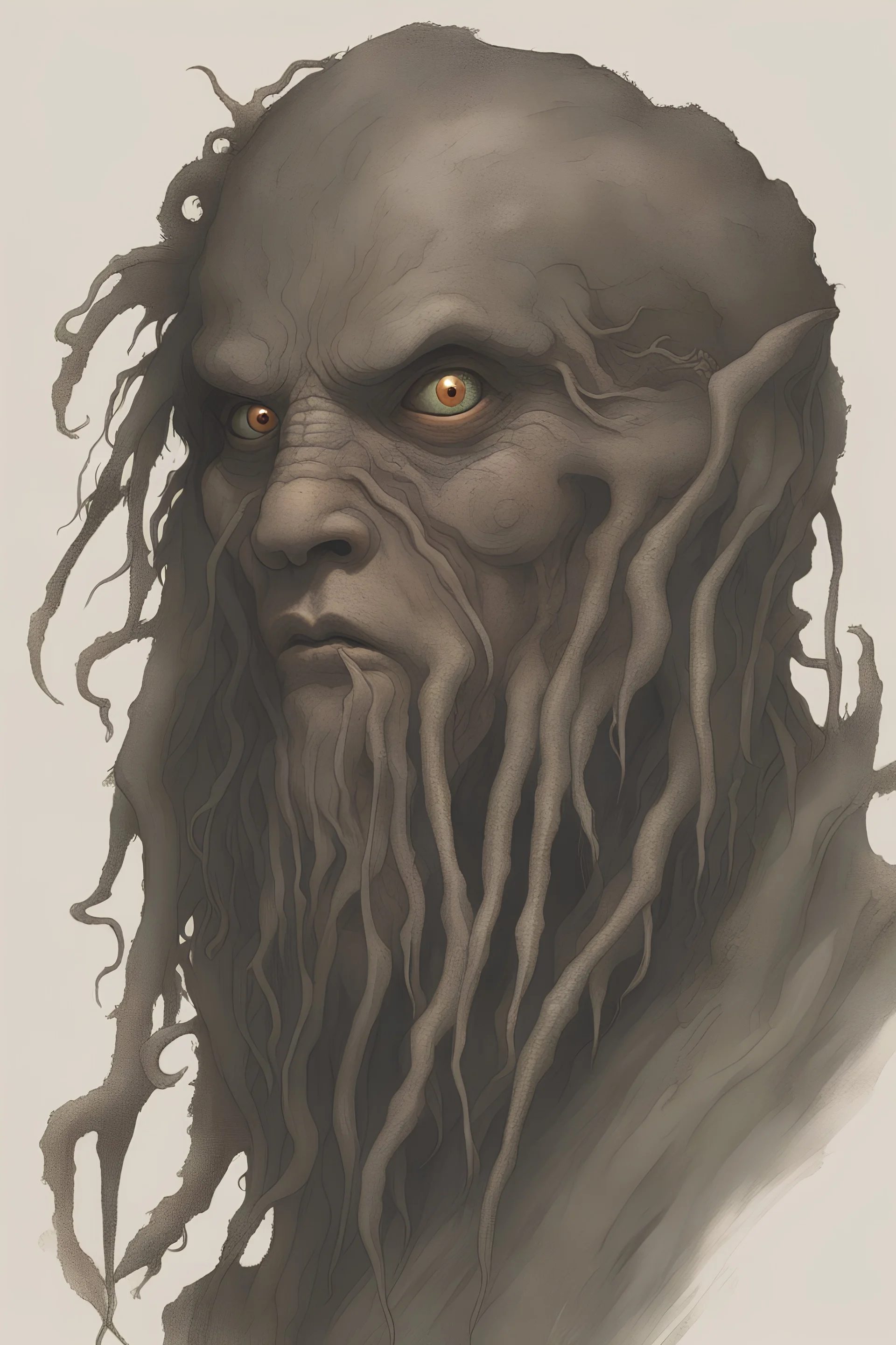 a member of Davy Jones's team, with long dark hair, a fish-human hybrid with a creepy and sad look, a young face, and many body parts replaced with parts of fish, coral starfish moray eels and squids, he is like a creepy mutant fish-man, but in his face you can see the remnants of the human face of a young man with wine on him, that he is in deep drunkenness and on his neck there is a terrible wound, as if someone had cut his throat