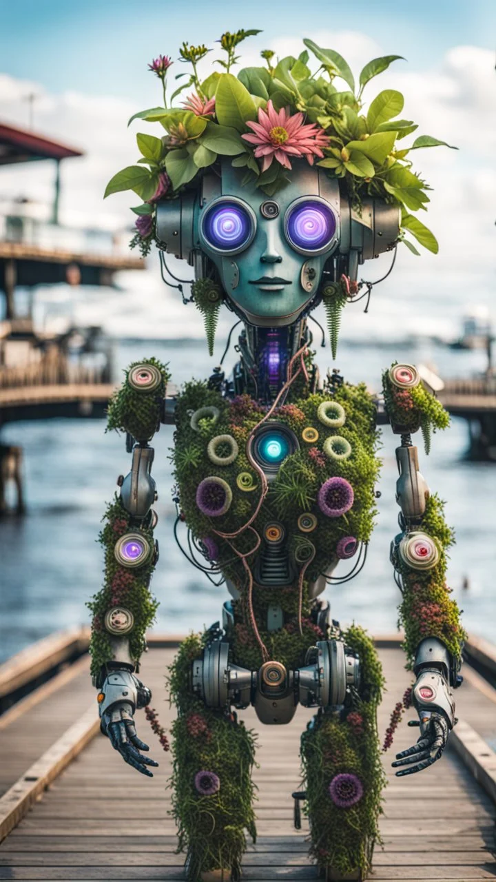 a full body portrait of a vegan hippie cybernetic robot made of living plants in all colors, and having a sentient look in its eyes, like a buddha, on the pier